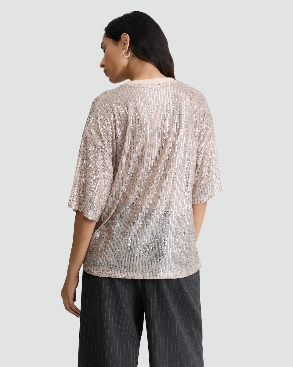 image 1 of F&F Sequin Embellished Boxy Short Sleeved Top in Cream