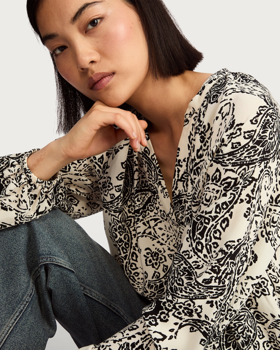 image 1 of F&F Paisley Print V Neck Blouse in Multi Black White