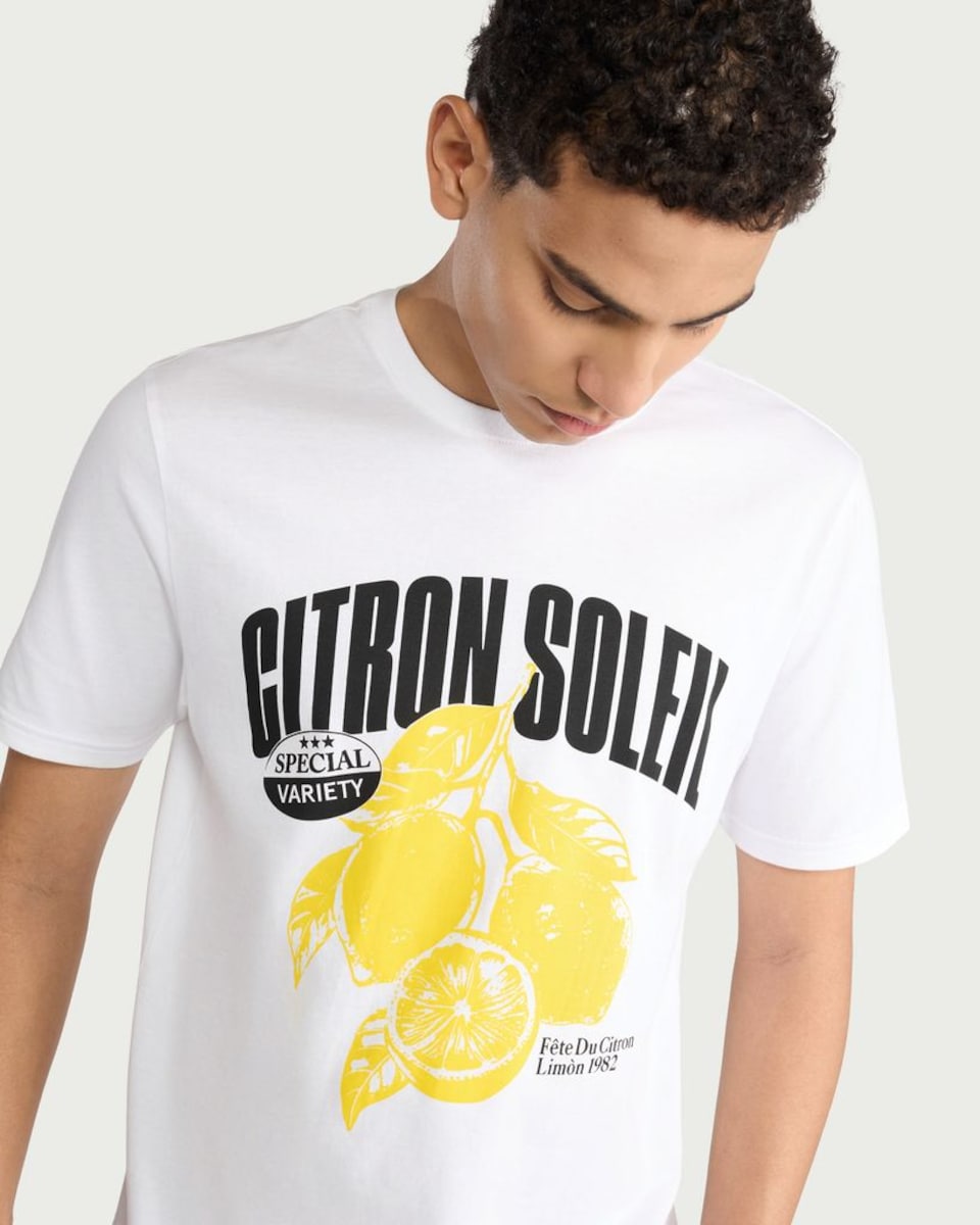 image 1 of F&F Pure Cotton Lemon Print T-Shirt in White