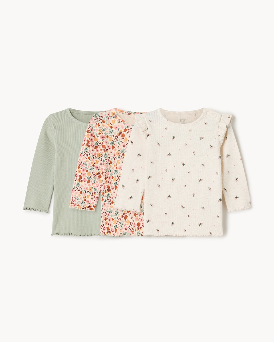 image 1 of F&F Baby 3-Pack Cotton Rich Ribbed Floral Tops in Neutral