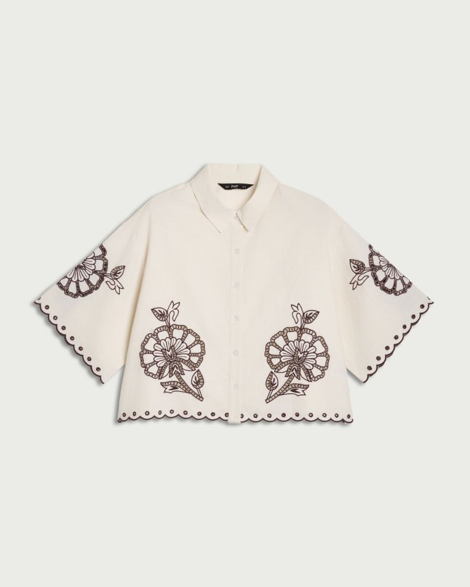 image 1 of F&F Pure Cotton Floral Embroidered Co-ord Shirt in Ivory