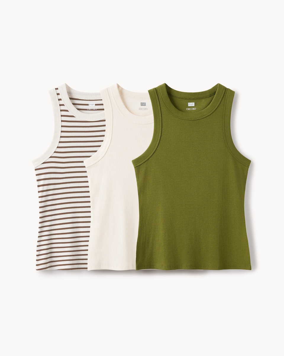 image 1 of F&F 3-Pack Cotton Rich Ribbed Vests in Multi Green