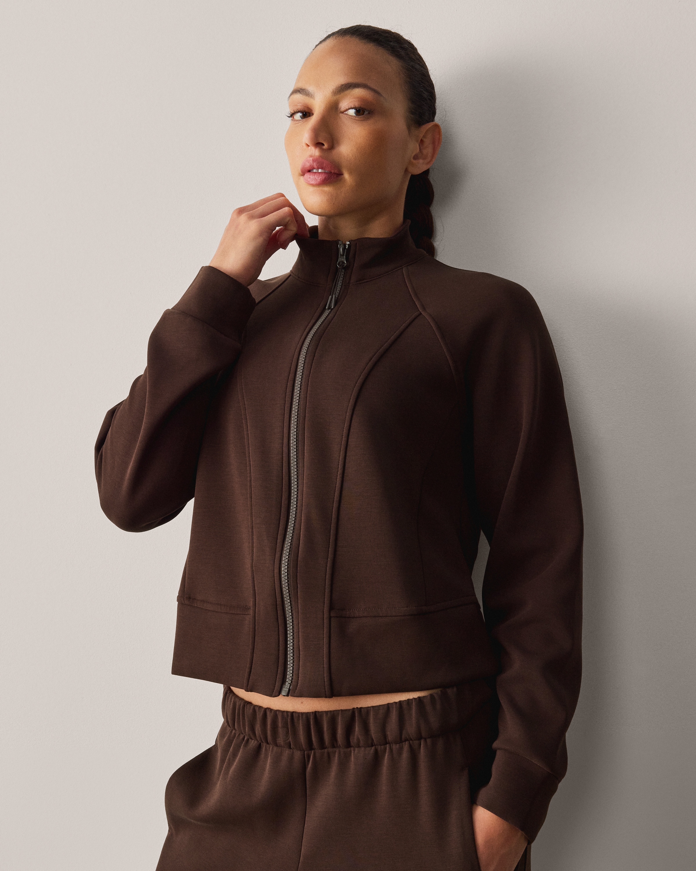 F&F Active AFTERCLASS Scuba Zip Through Sweatshirt in Chocolate