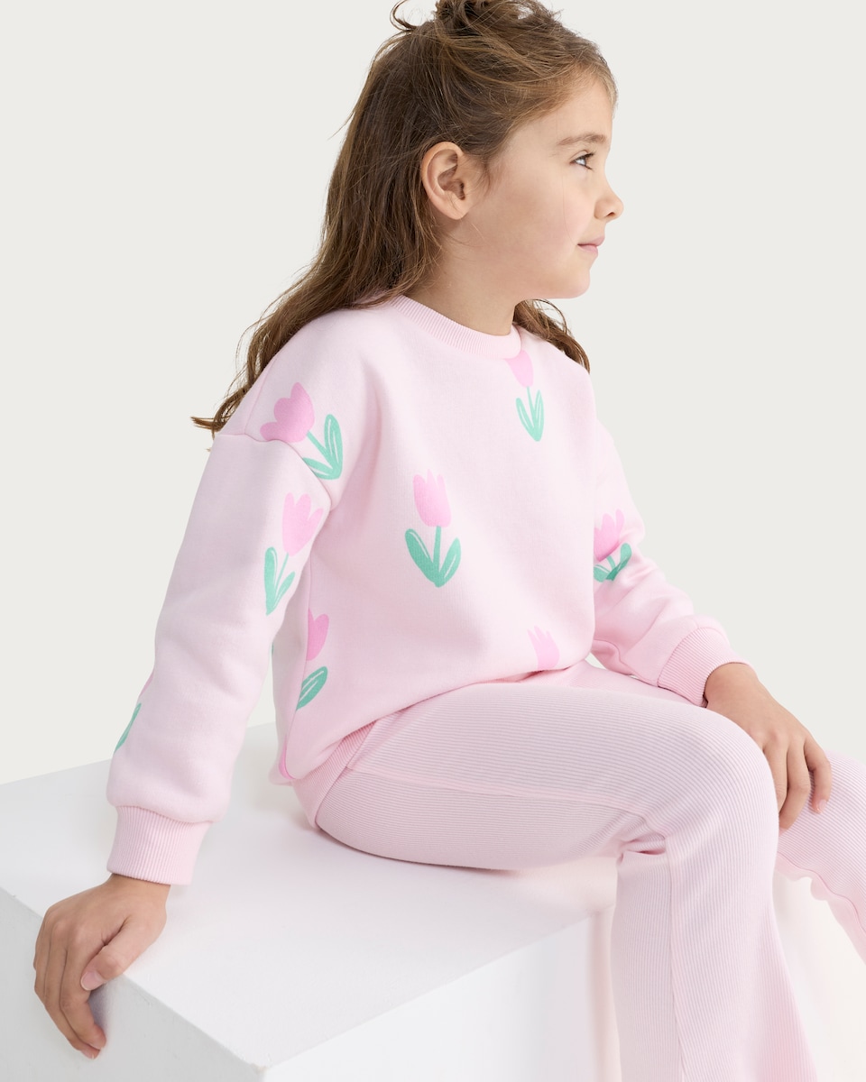 image 1 of F&F Girls Cotton Rich Tulip Print Sweatshirt and Leggings Set in Pink