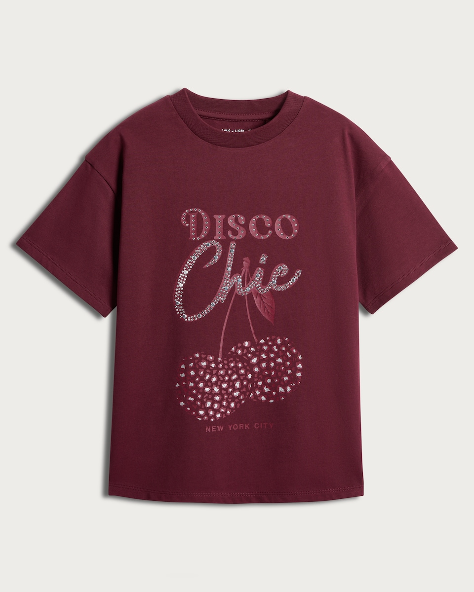 image 1 of F&F Girls Pure Cotton Diamanté Disco Chic Slogan T-Shirt in Burgundy