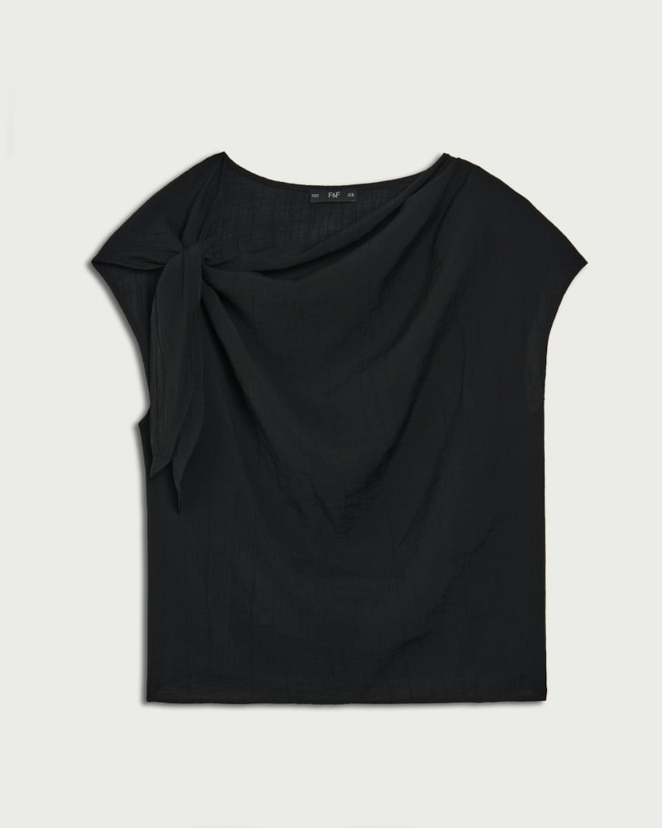 image 1 of F&F Textured Tie Shoulder Blouse in Black