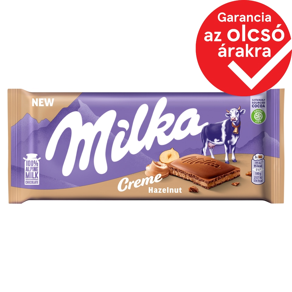 Milka Creme Hazelnut alpesi tej felhasználásával készült tejcsokoládé mogyorós krémtöltelékkel 85 g