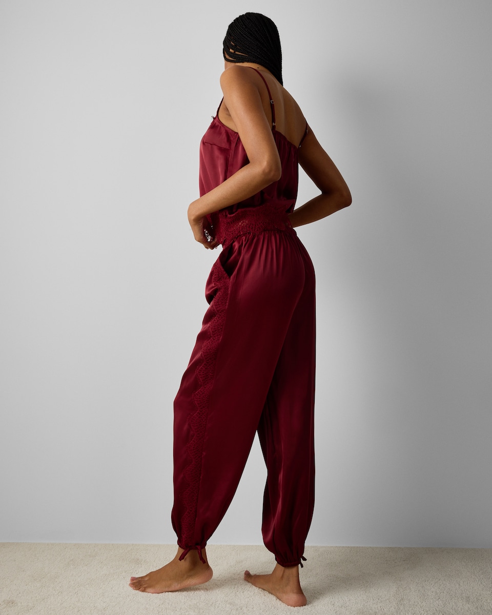image 1 of F&F Satin Lace Trim Pyjama Set in Red
