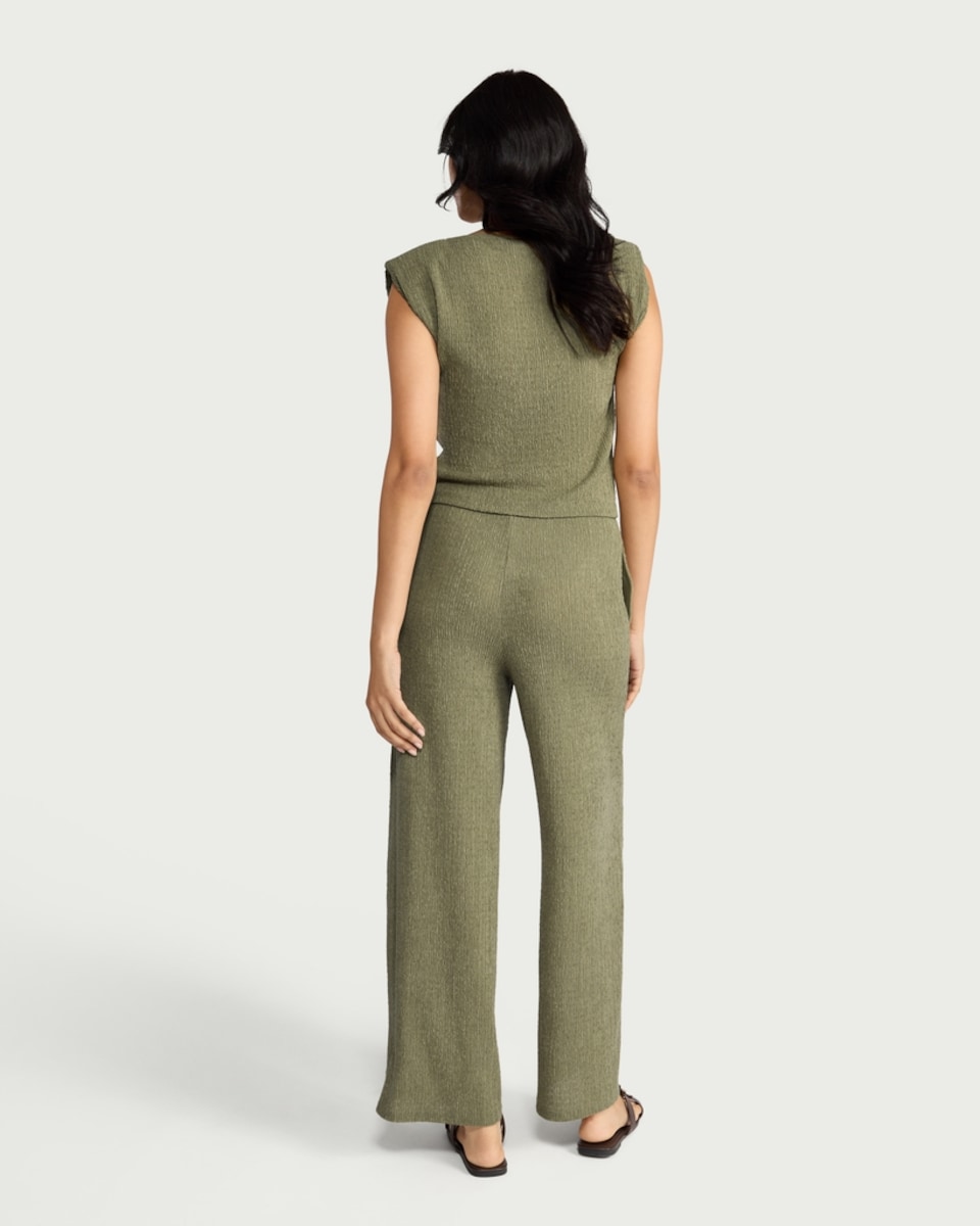 image 1 of F&F Textured Wide Leg Drawstring Co-ord Trousers in Olive