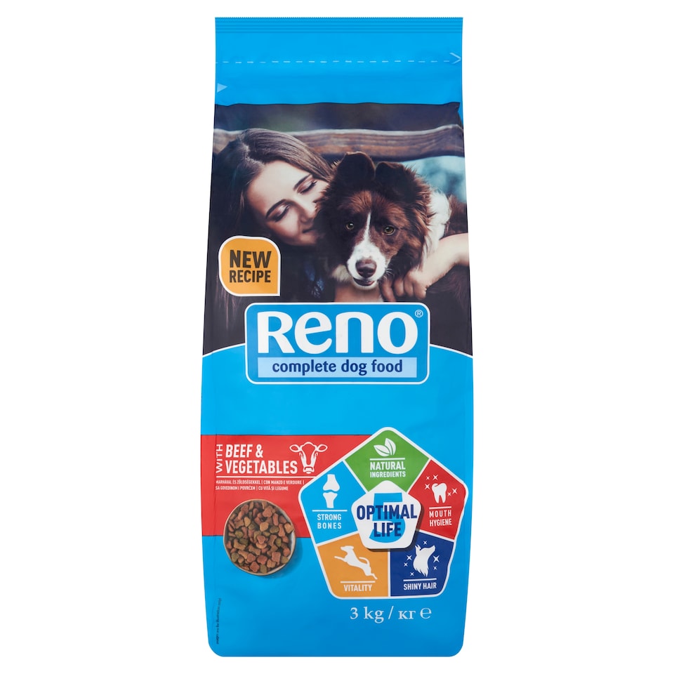image 1 of Reno Optimal Life Dry Dog Food, Kibble for Adult Dogs with Beef and Vegetables 3 kg
