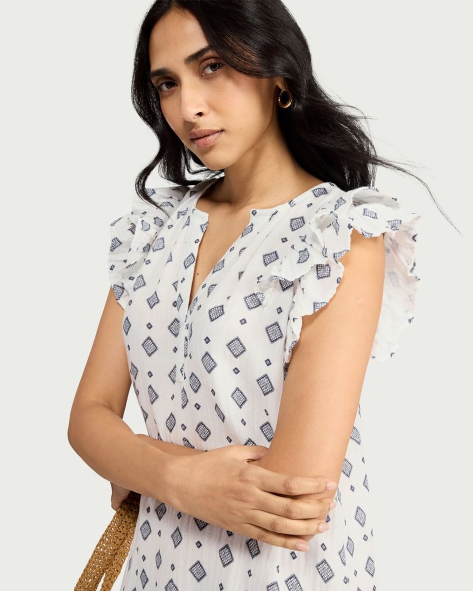image 1 of F&F Pure Cotton Double Cloth Ruffle Sleeved Tiered Dress in Multi White