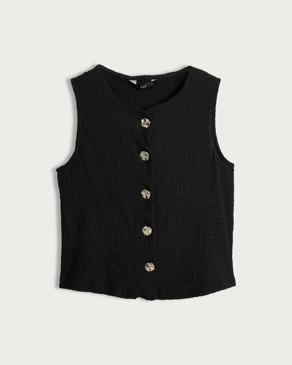 image 1 of F&F Crinkle Textured Button Front Sleeveless Co-ord Top in Black