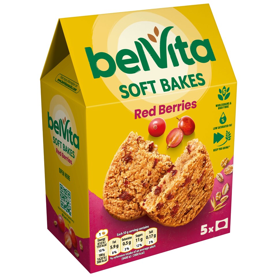 image 1 of Belvita Breakfast Soft Bakes Red Berries Cereal Snack Bars Pack 5 x 50g