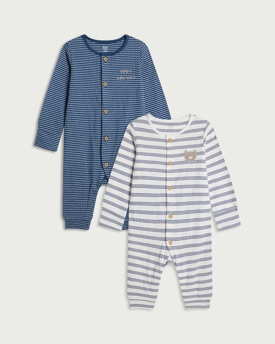 image 1 of F&F Baby 2-Pack Pure Cotton Ribbed Striped Sleepsuits in Blue
