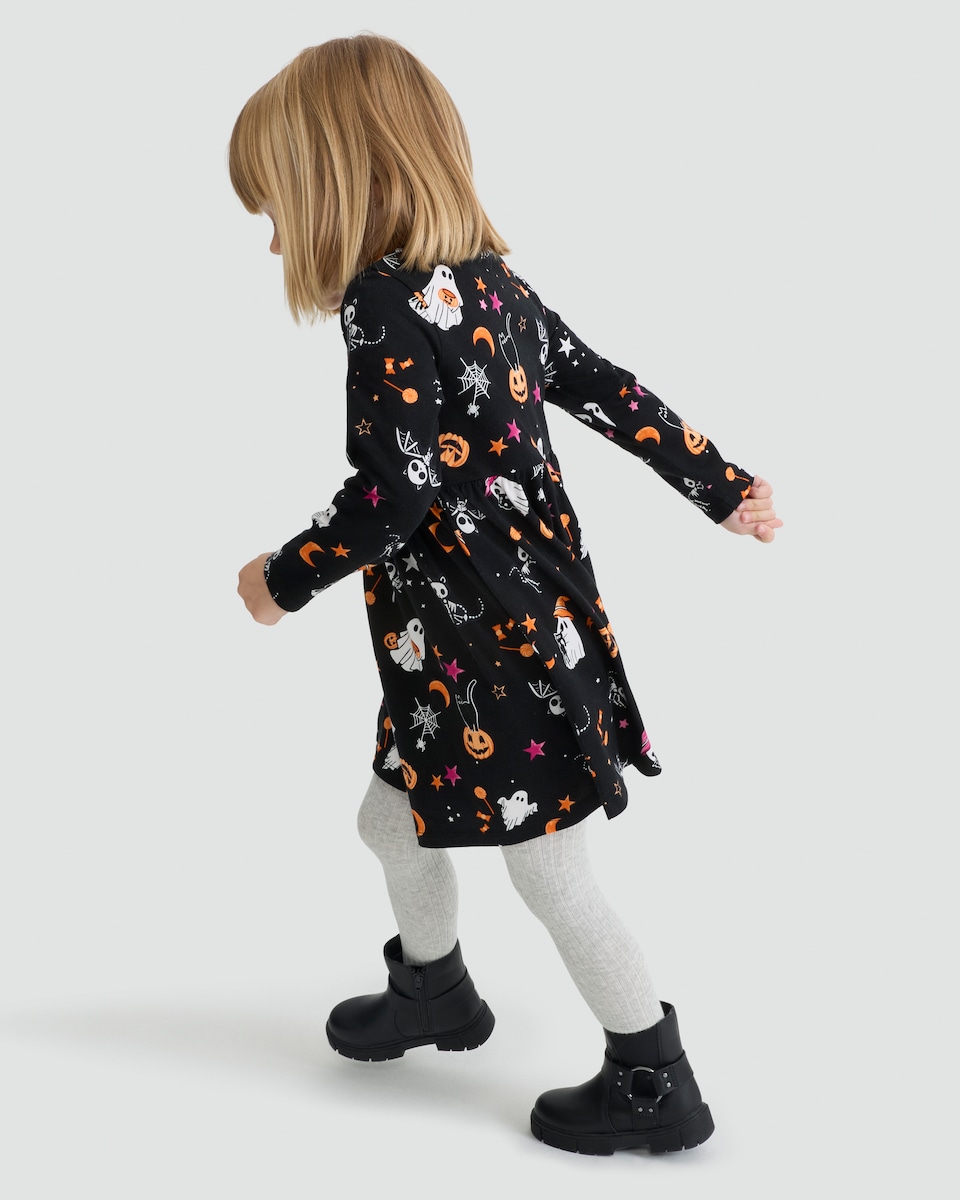 image 1 of F&F Girls Pure Cotton Halloween Print Long Sleeved Dress in Black