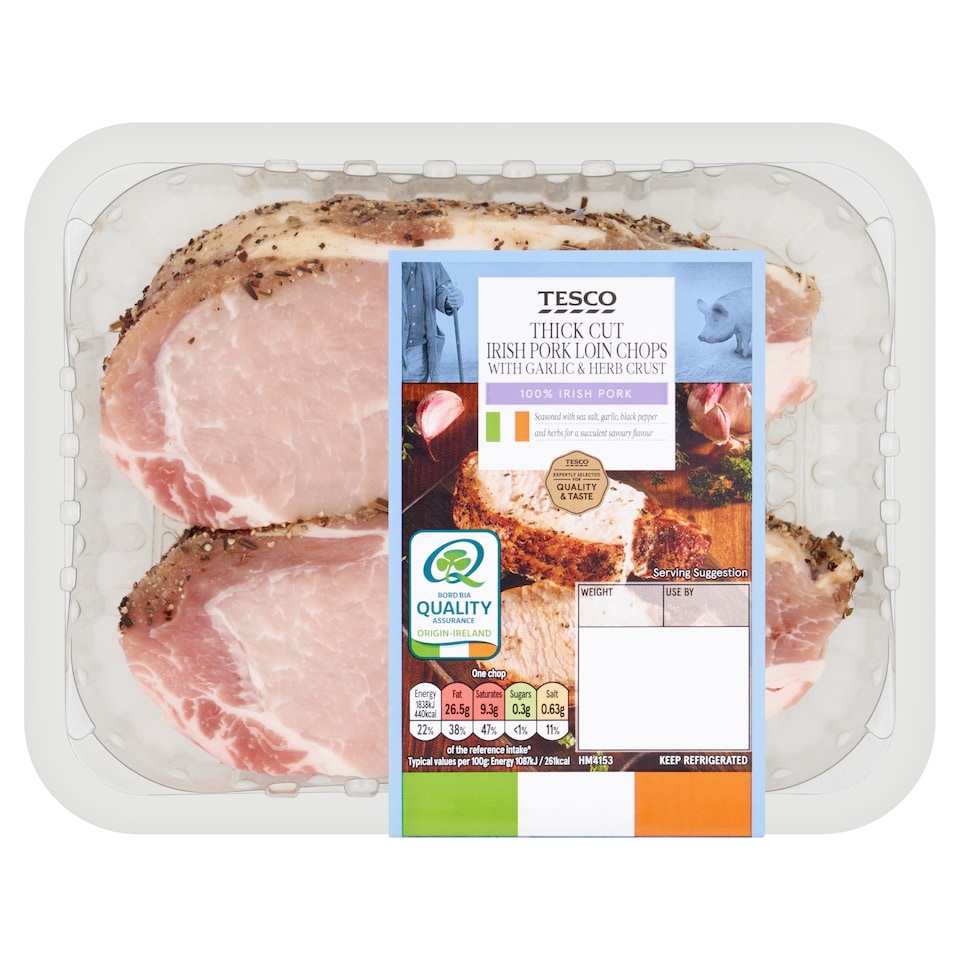 Tesco Thick Cut Irish Pork Loin Chops with Garlic and Herb Crust 504g
