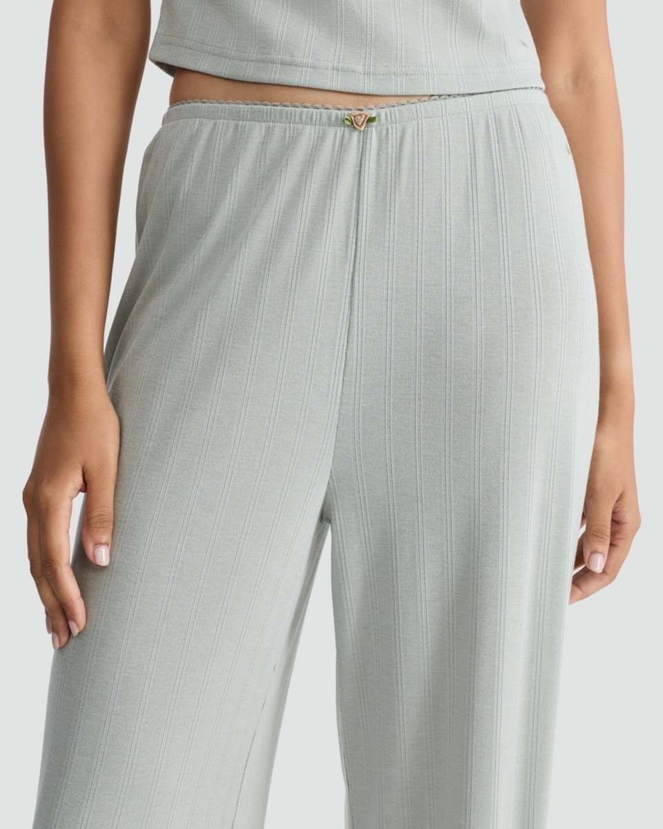 image 1 of Rise by Zara McDermott Pointelle Wide Leg Loungewear Trousers in Green