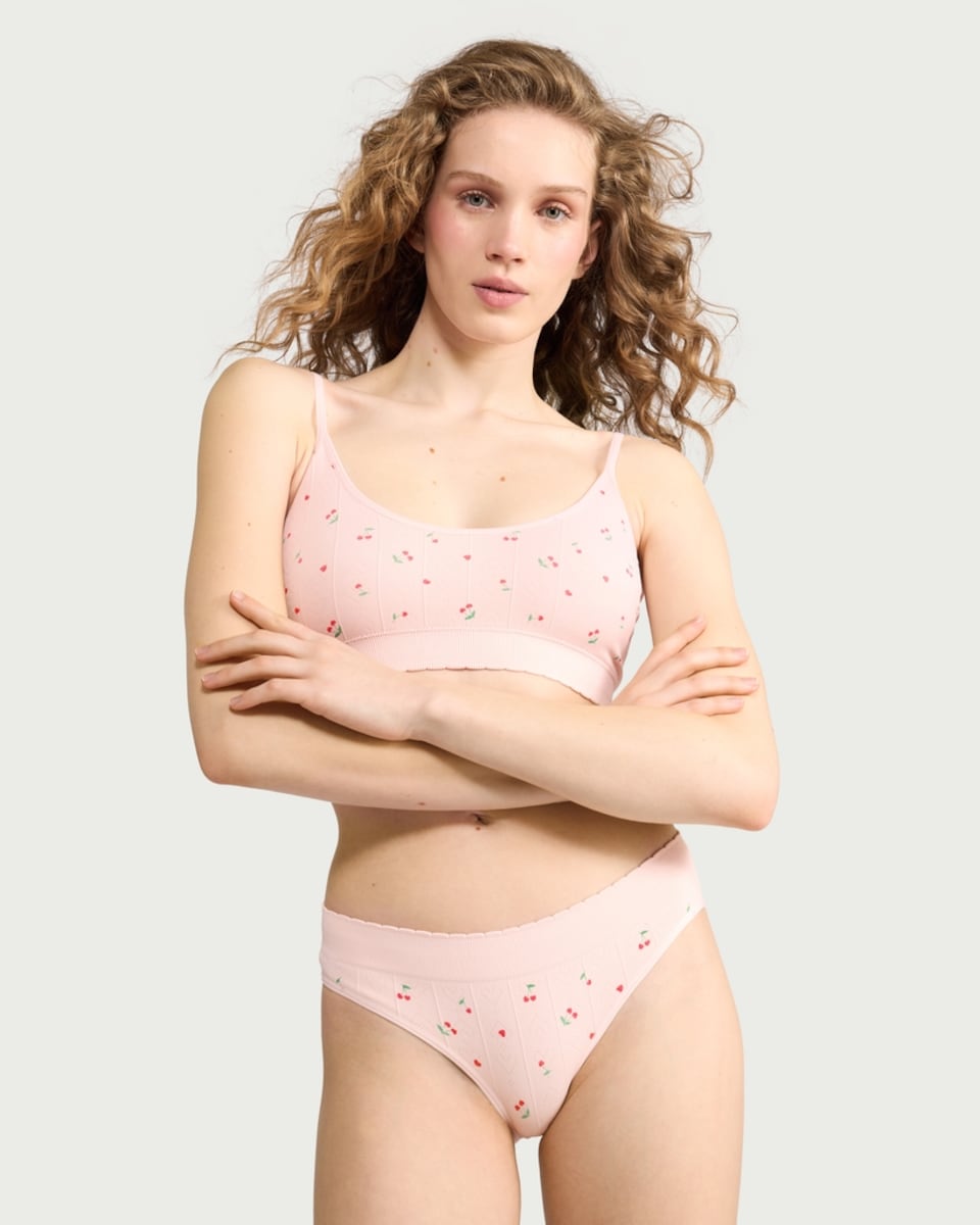 image 1 of F&F 2-Piece Cherry Print Ribbed Bralette and Briefs Set in Multi