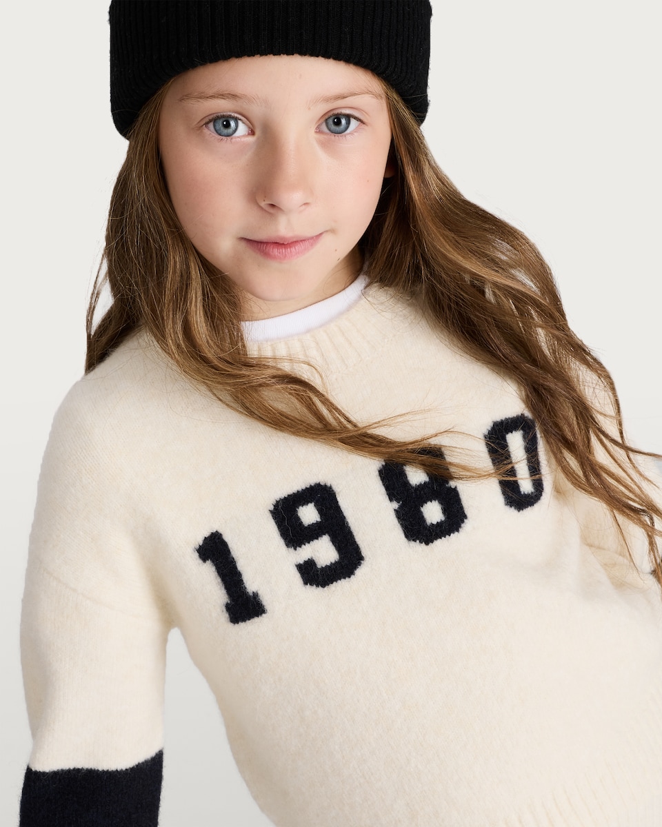 image 1 of F&F Girls 1980 Striped Sleeve Jumper with Wool in Cream
