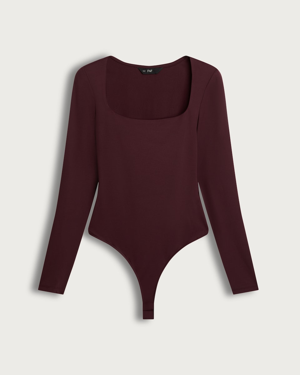 F&F Polyamide Square Neck Long Sleeved Bodysuit in Burgundy