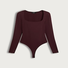 F&F Polyamide Square Neck Long Sleeved Bodysuit in Burgundy