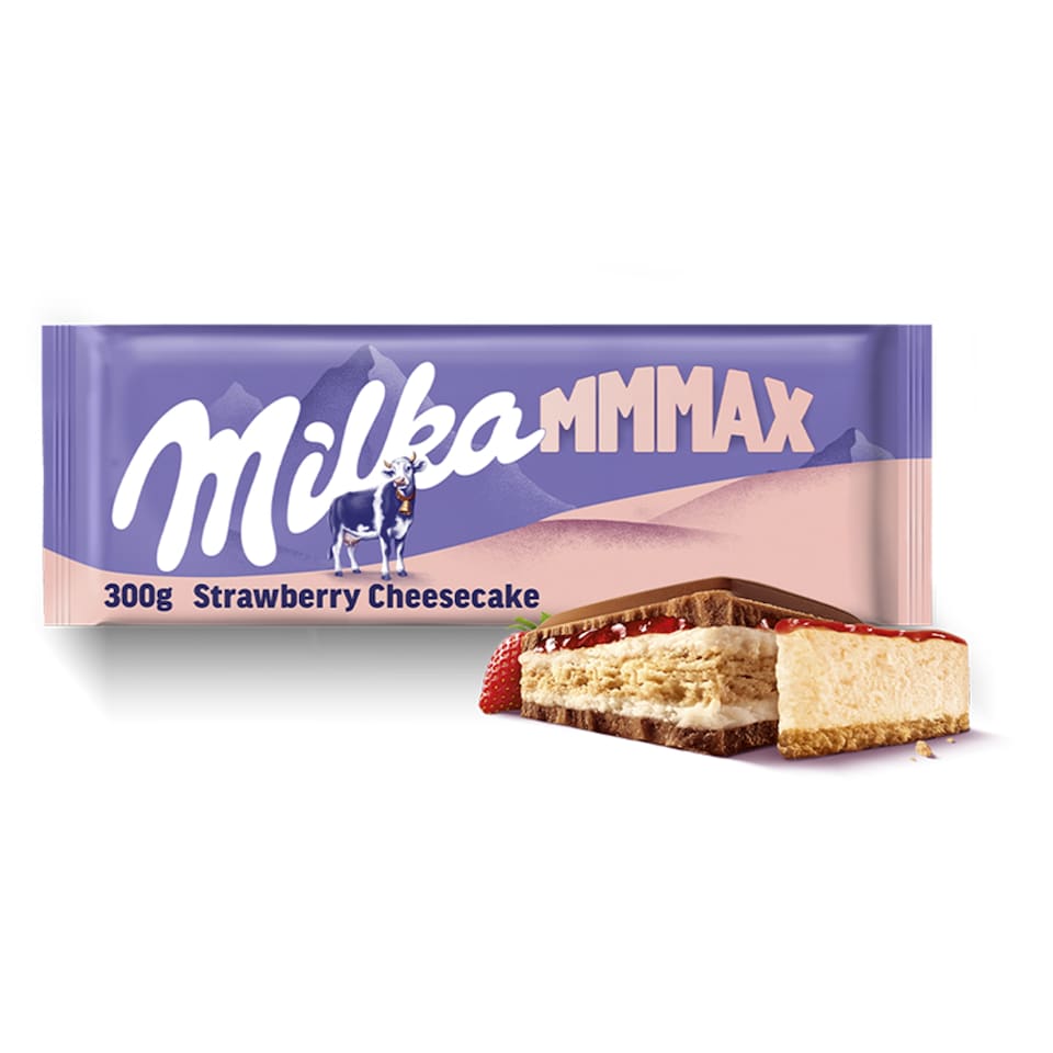 Milka alpesi tejcsokoládé sajttortaízű krémtöltelékkel, epres töltelékkel és keksszel 300 g  1. kép