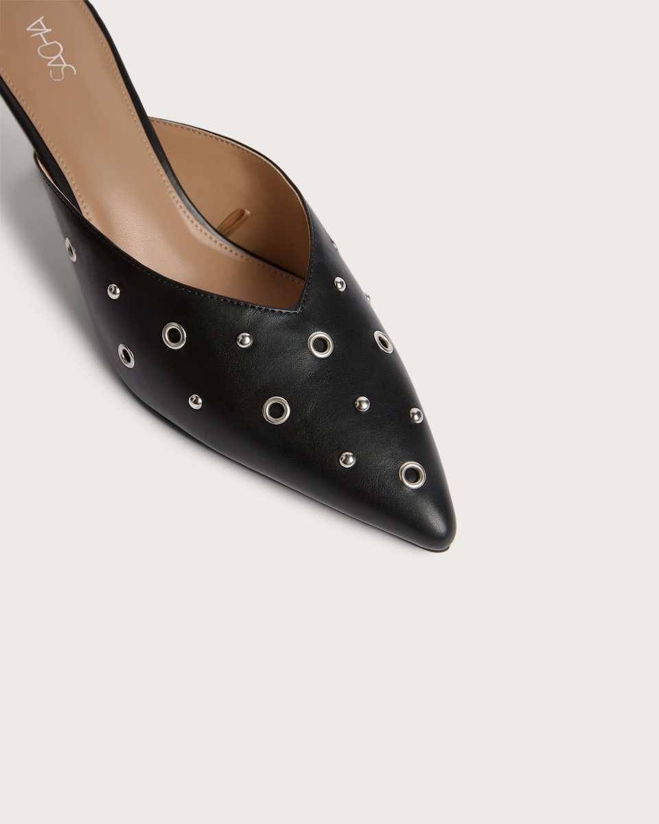image 1 of SACHA Eyelet Detail Pointed Toe Heeled Mules in Black