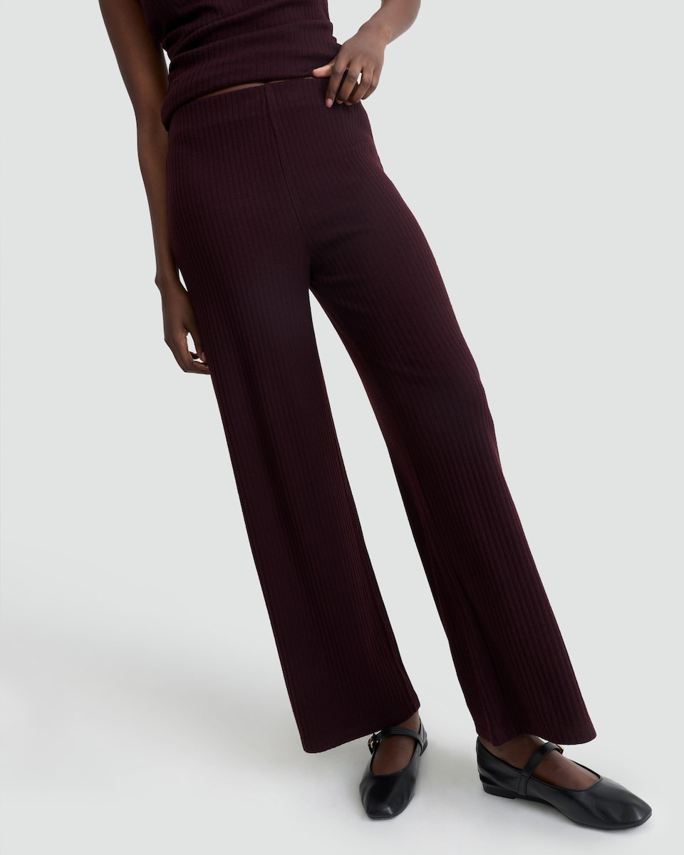 image 1 of F&F Ribbed Wide Leg Co-ord Trousers in Burgundy
