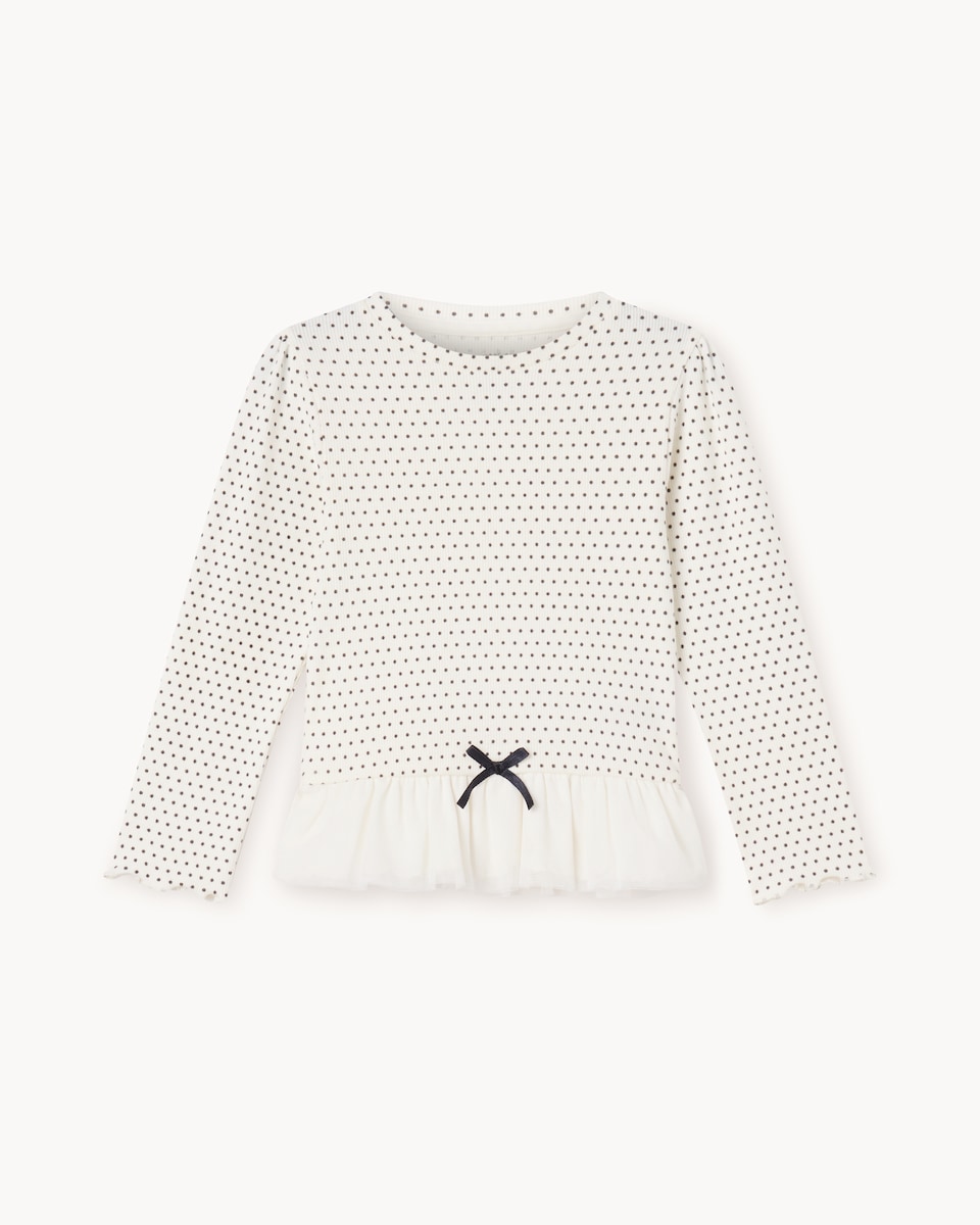 image 1 of F&F Girls Cotton Rich Polka Dot Peplum Top in Multi Black White