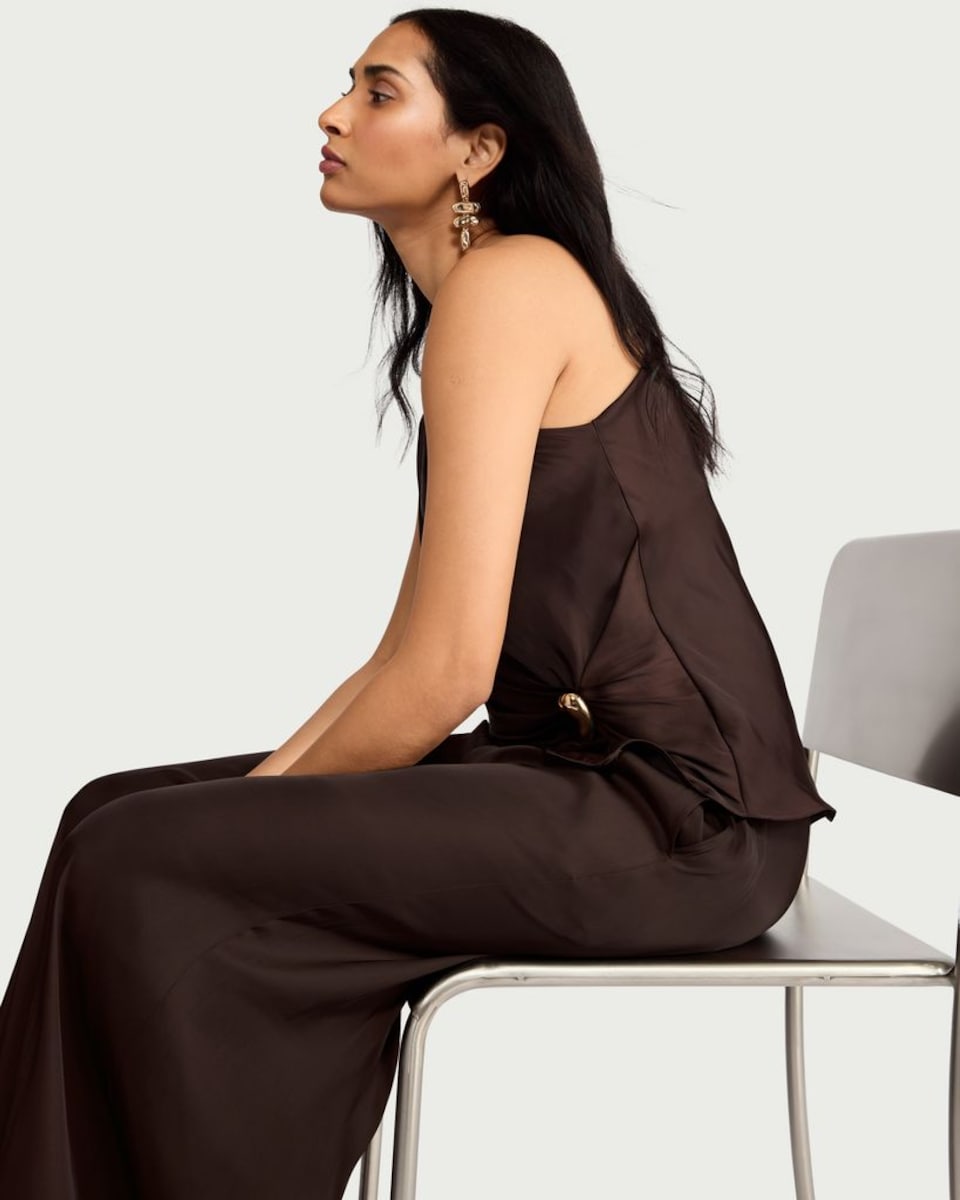 image 1 of The F&F Edit Satin Wide Leg Co-ord Trousers in Chocolate