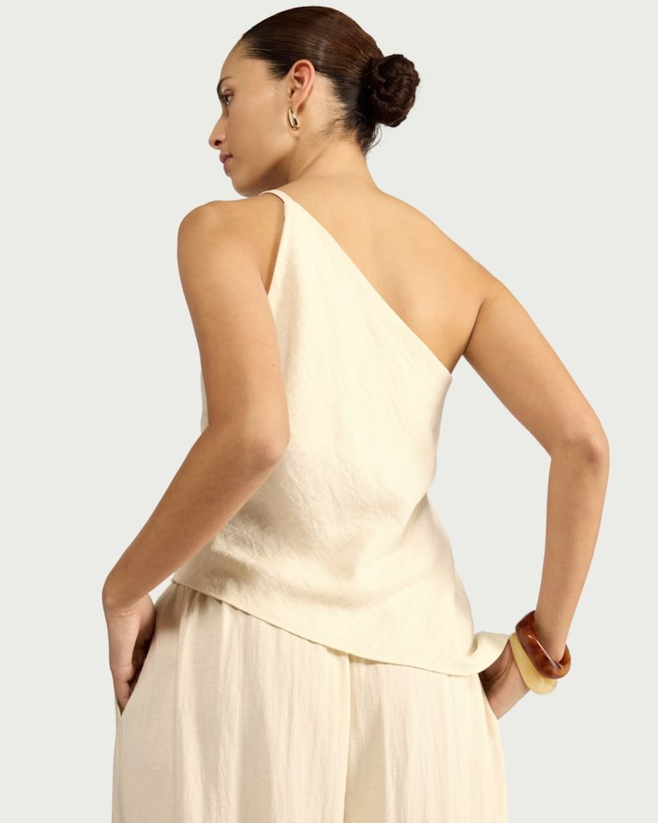 image 1 of The F&F Edit One Shoulder Beaded Top in Cream