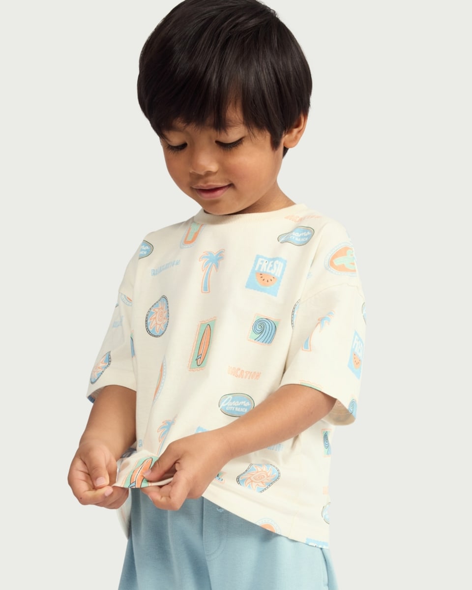 image 1 of F&F Boys Cotton Rich Printed T-Shirt and Shorts Set in Multi Blue