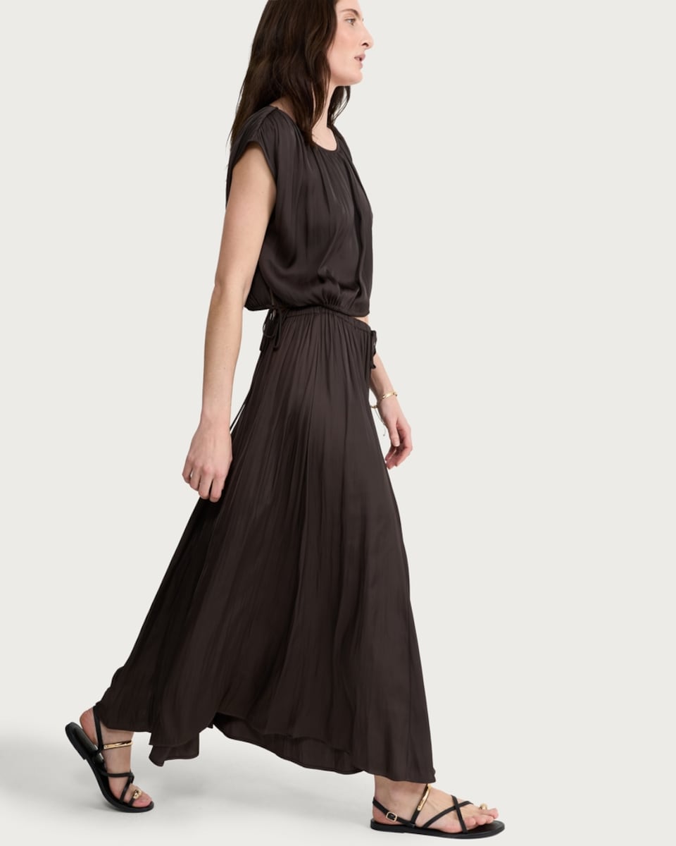 image 1 of F&F Satin Drawstring Waist Midi Skirt in Chocolate