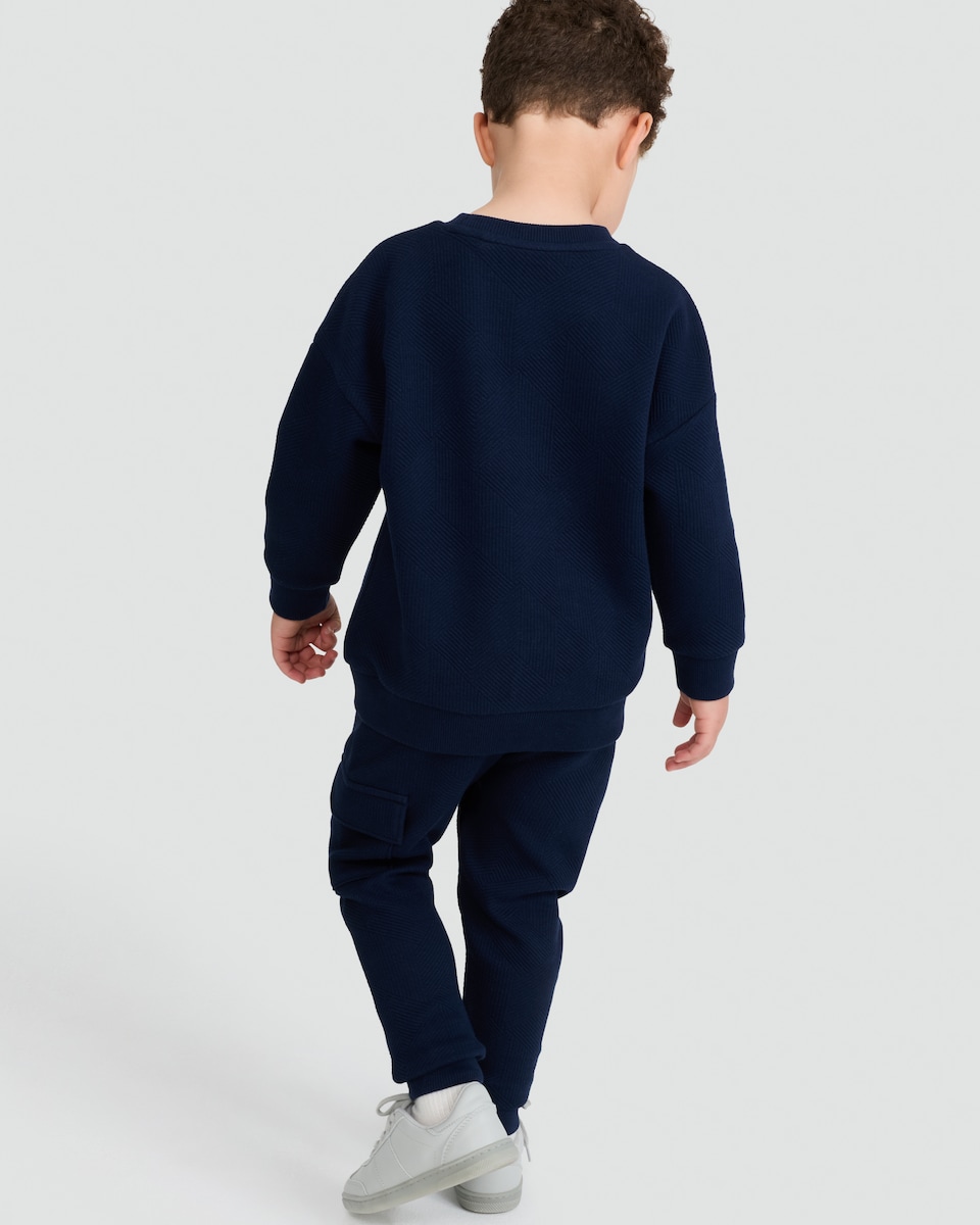 image 1 of F&F Boys Cotton Blend Textured Geometric Sweatshirt and Joggers Set in Navy