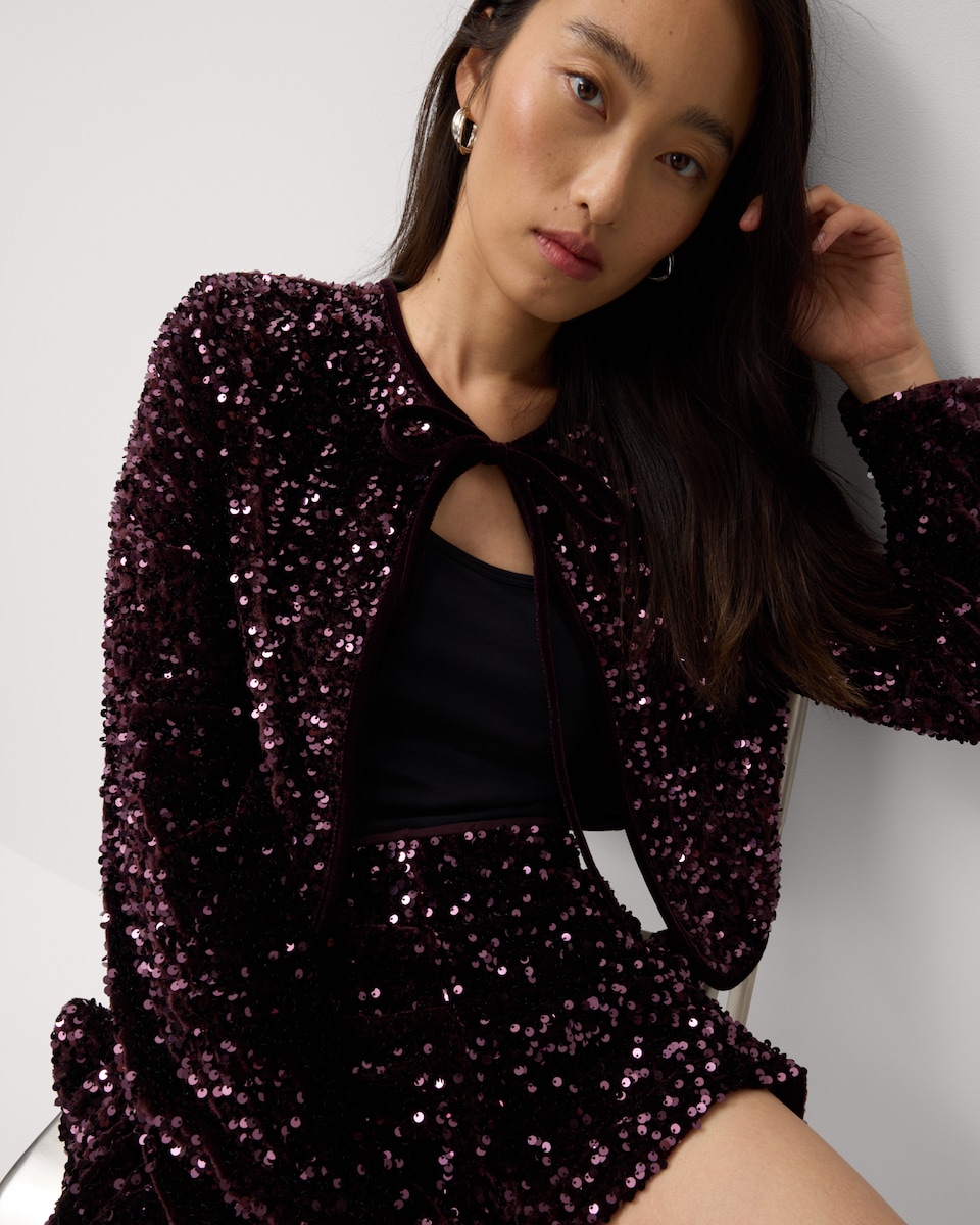 image 1 of F&F Velvet Sequin Jacket in Burgundy