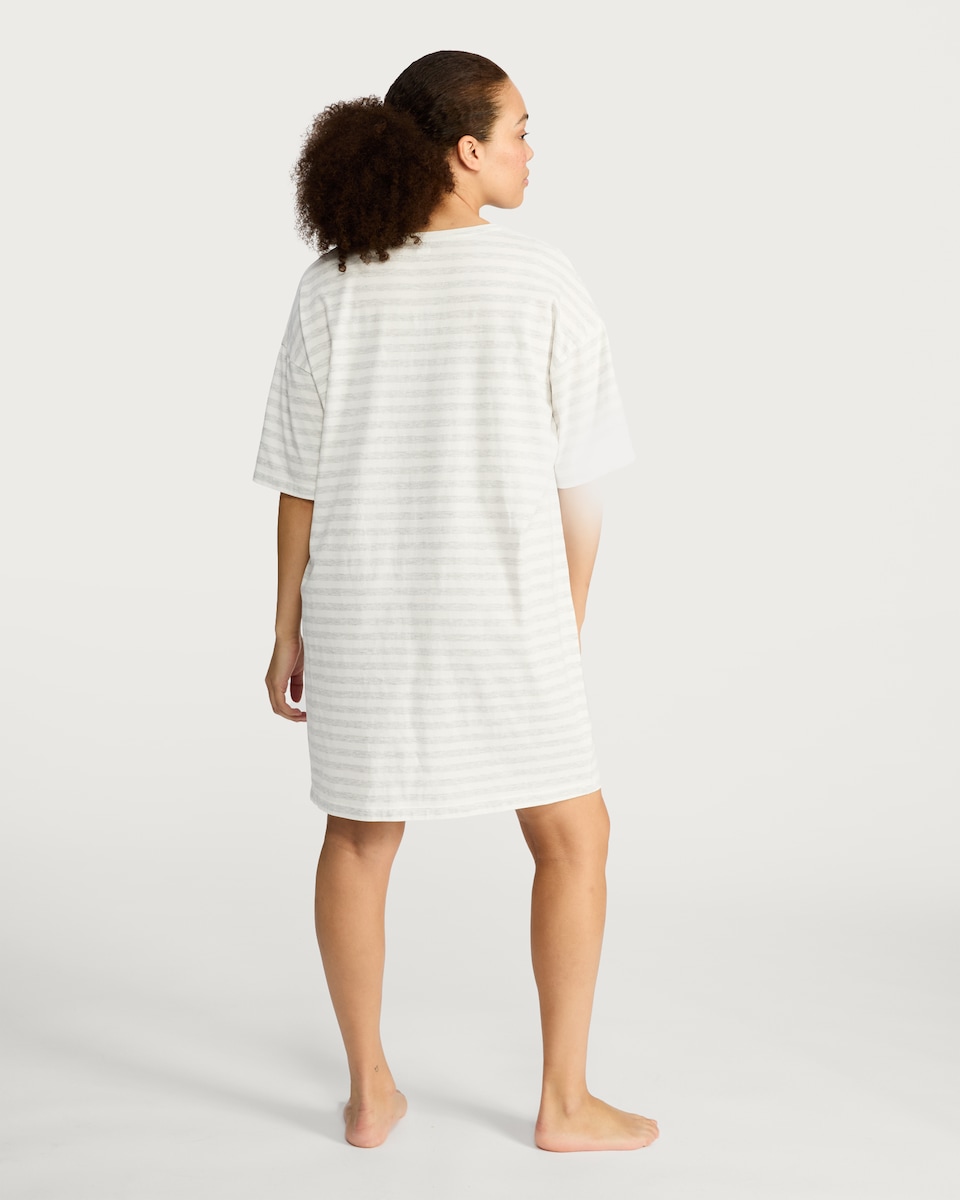 image 1 of F&F Cotton Rich Striped Slogan Nightdress in Multi Grey