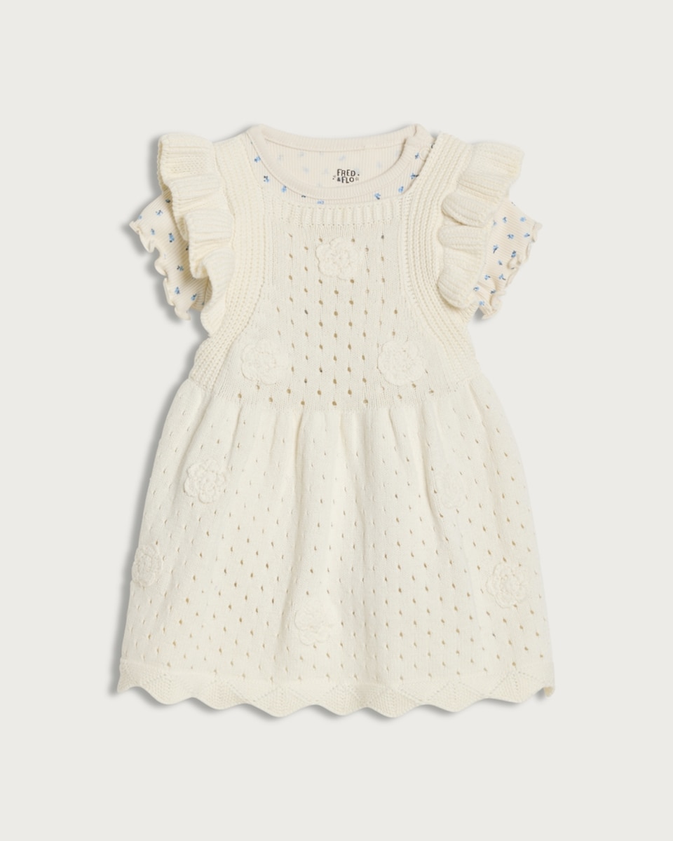 F&F Baby 2-Piece Pure Cotton Knitted Dress and Bodysuit in Cream