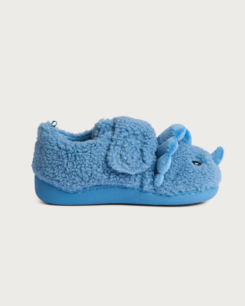 image 1 of F&F Boys Fleece Textured Triceratops Slippers in Blue