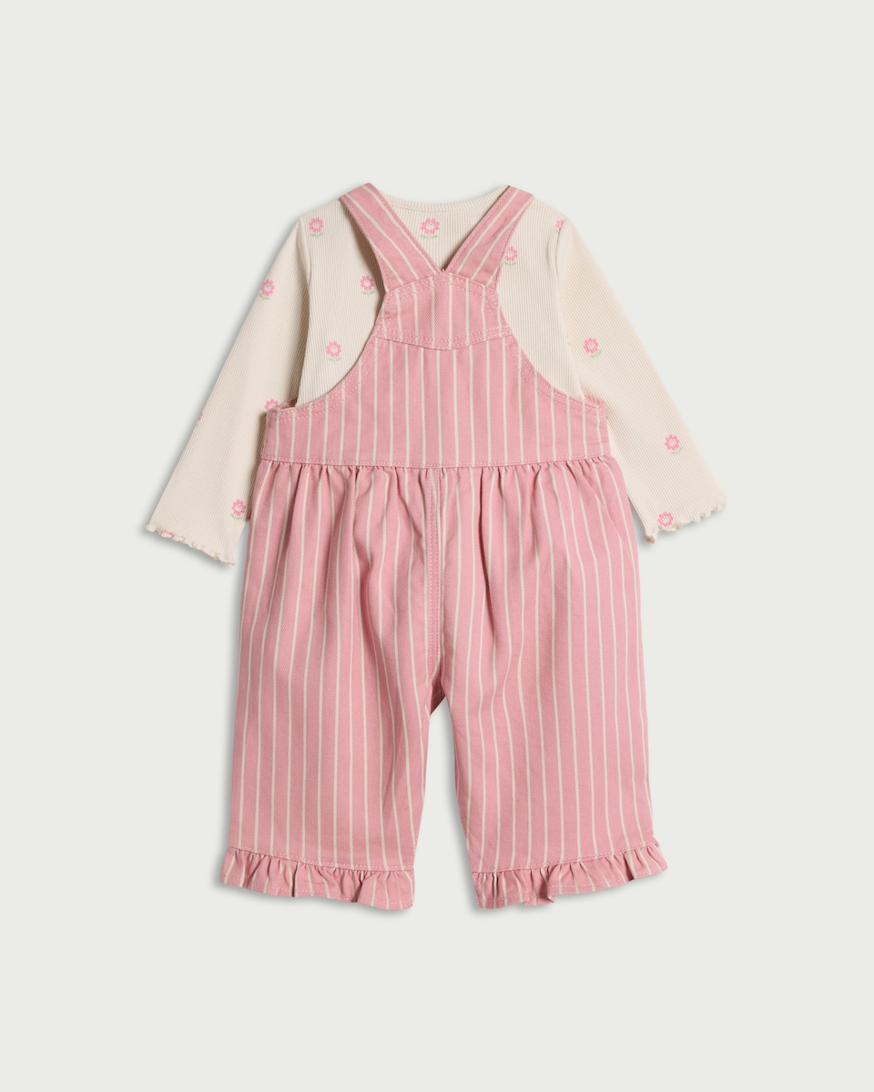 image 1 of F&F Baby 2-Piece Floral Bodysuit and Striped Dungaree Set in Pink