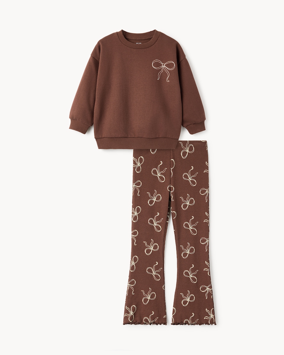 image 1 of F&F Girls Cotton Rich Bow Sweatshirt and Leggings Set in Brown