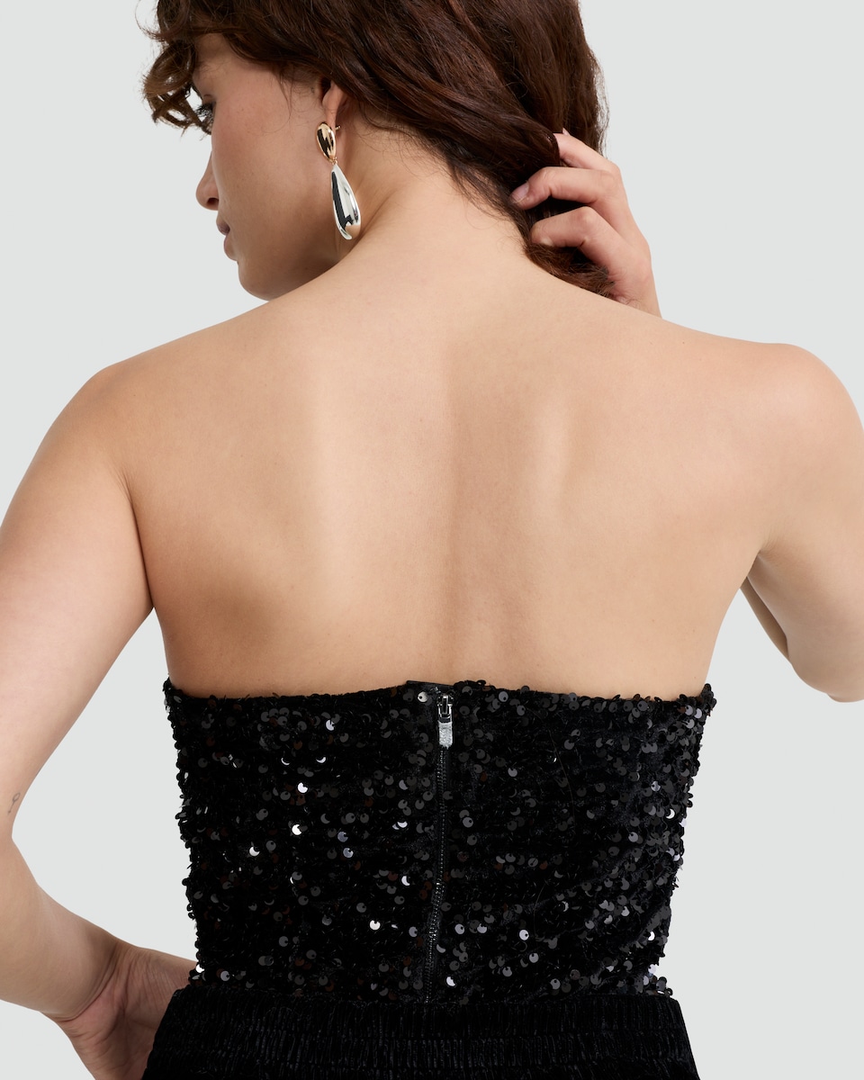 image 1 of F&F Faux Velvet Sequin Embellished Bandeau Bodysuit in Black