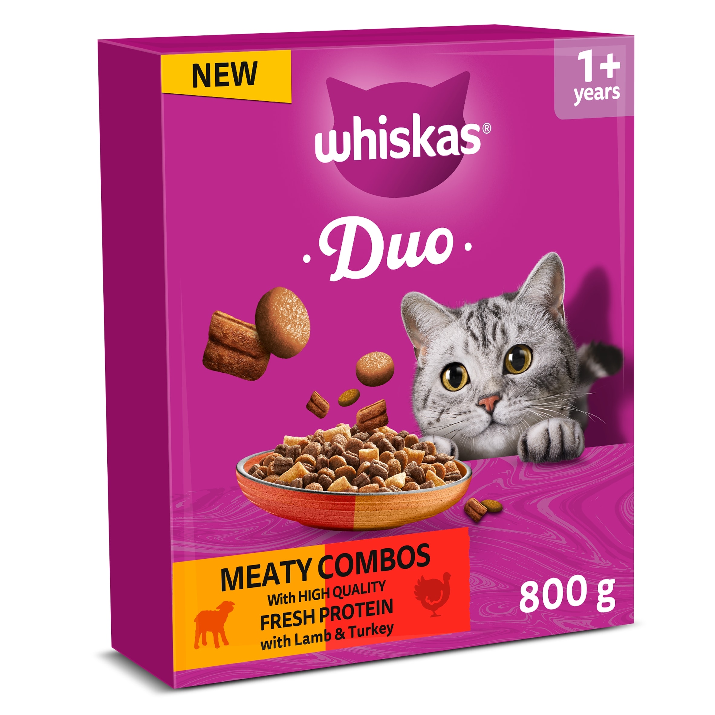 WHISKAS 1+ DUO MEATY Combos Dry Cat Food Biscuits 800g