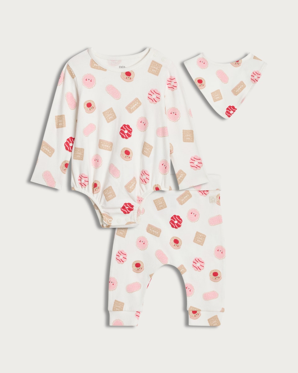 image 1 of F&F Baby 3-Piece Cotton Rich Biscuit Bodysuit, Joggers and Bib Set in Pink