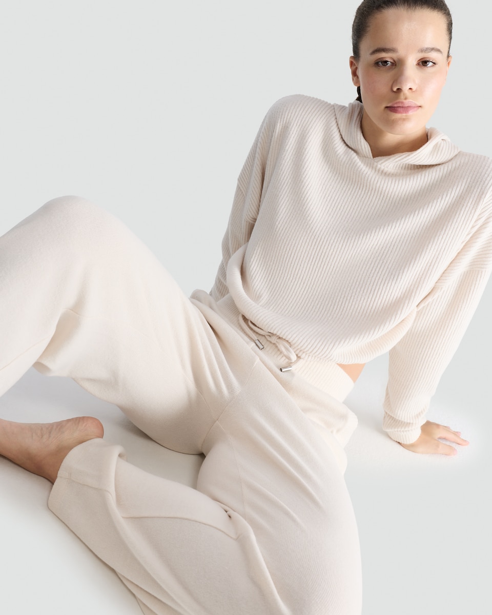 image 1 of The F&F Edit Ribbed Cropped Hoodie and Wide Leg Trousers Lounge Set in Cream