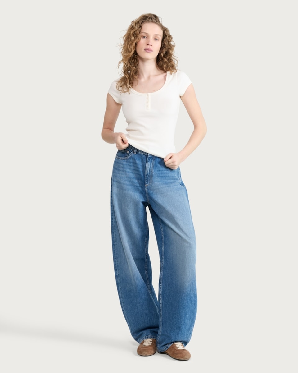 image 1 of F&F Cotton Rich Ribbed Scoop Neck Buttoned T-Shirt in Cream