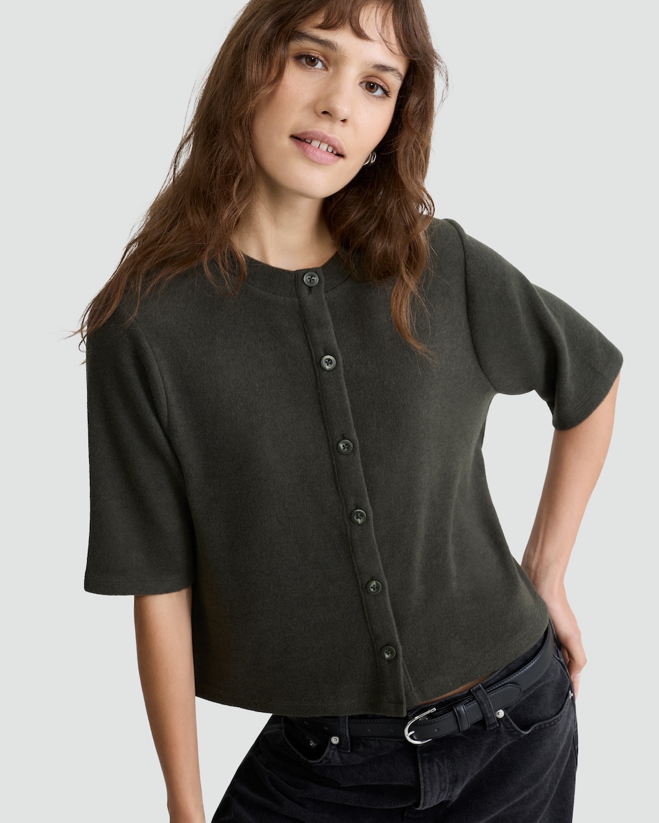 image 1 of F&F Button Front Short Sleeved Top in Olive