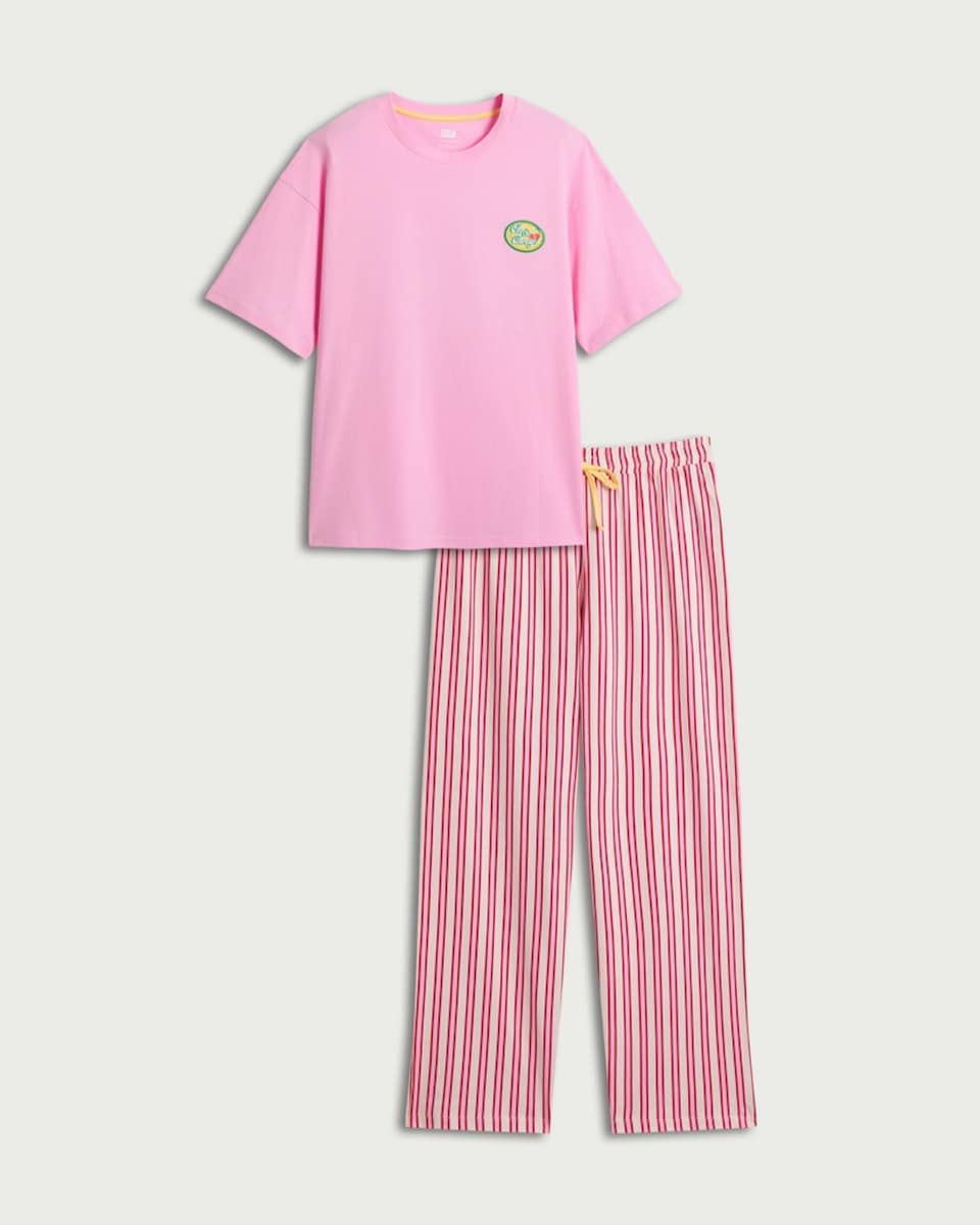 image 1 of F&F 2-Piece Pure Cotton Striped Pyjama Set in Multi Pink