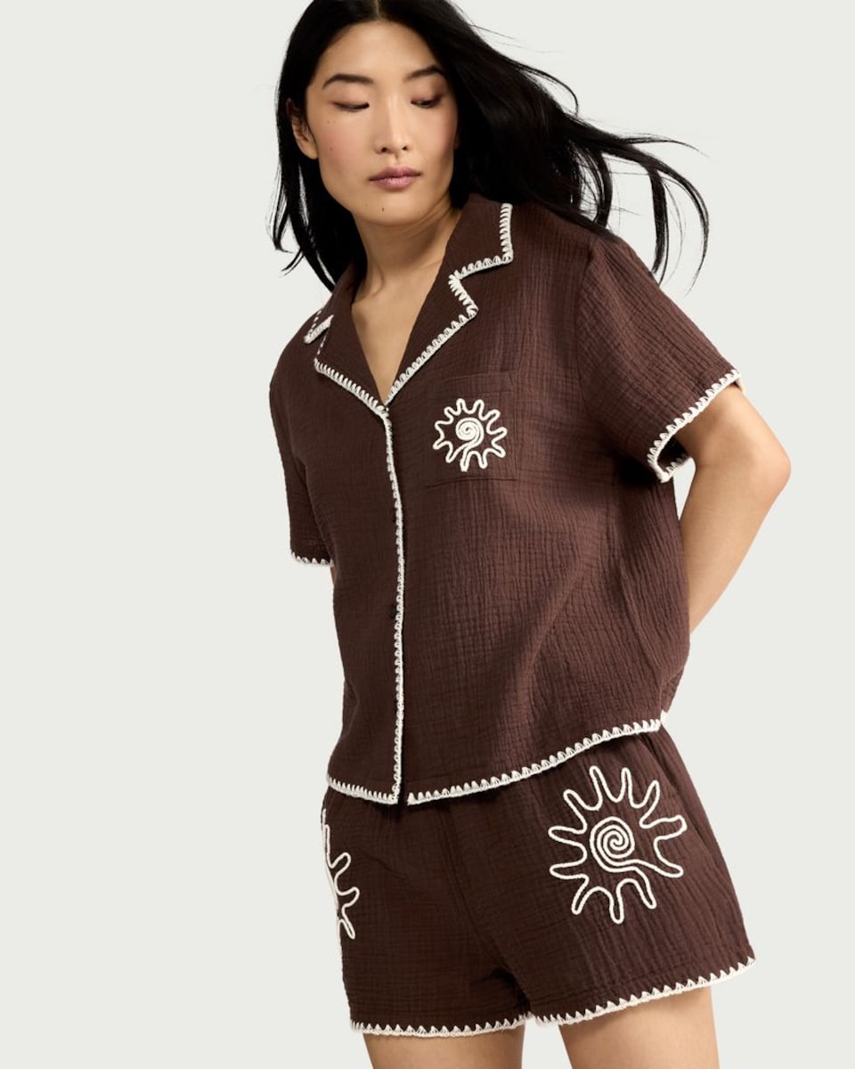 image 1 of F&F Pure Cotton Embroidered Revere Short Pyjama Set in Brown