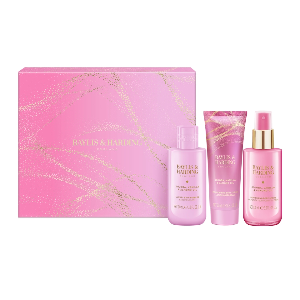 image 1 of Baylis & Harding Jojoba, Vanilla & Almond Oil Gift Wrapped Pamper Trio Gift Set