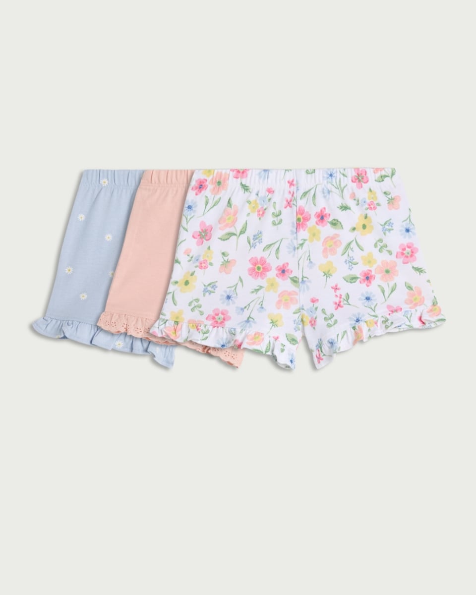 image 1 of F&F Baby 3-Pack Pure Cotton Floral Ruffle Hem Shorts in Pink